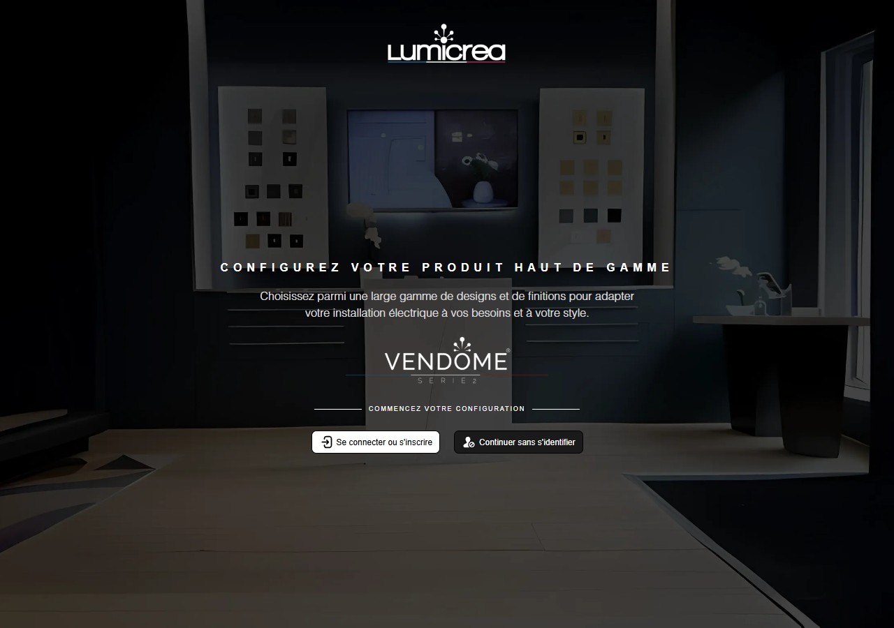 Le configurateur 3D Lumicrea — scène d'intérieur sombre, collection Vendôme Série 2